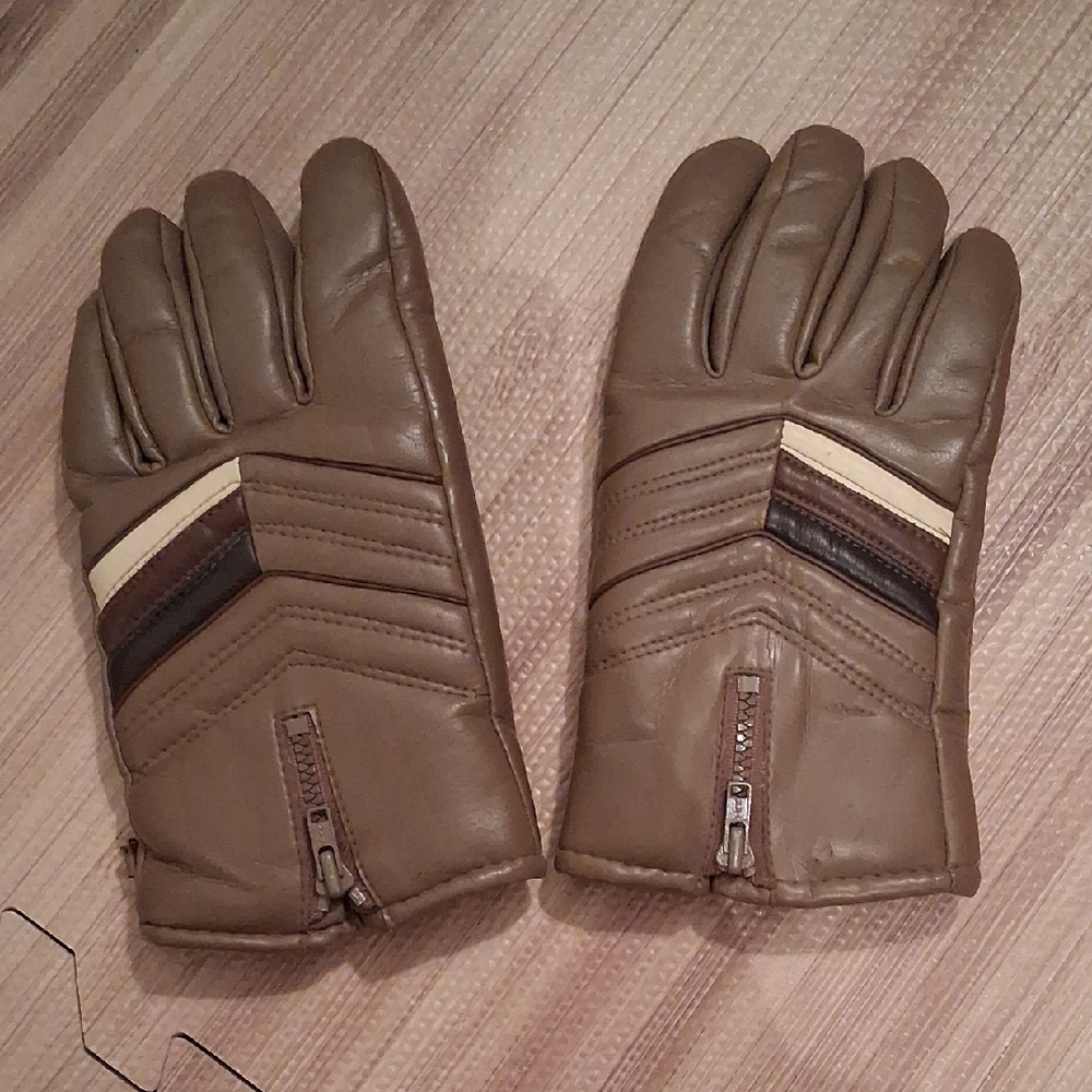 Men's Brown Leather Winter Gloves with Zip Closure